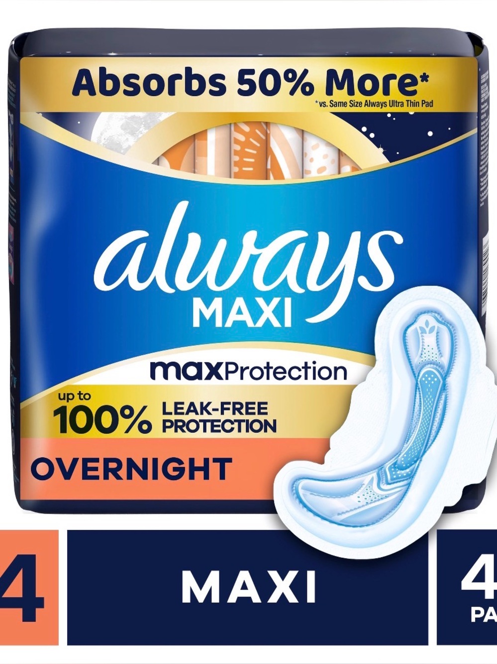 Always Maxi Overnight Pads - Blue, Gold and White Packaging